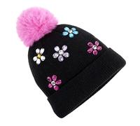 PinkSheep Bonnet d'hiver chaud pour filles avec accessoires décoratifs, bonnet tricoté doux au toucher pour enfants de 4 à 14 ans, accessoires tendance pour filles, Noir , 7-14 ans
