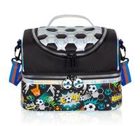 PinkSheep Sac Isotherme Repas Enfant Double Étage, Sac à Goûter avec Sangle Réglable, Grand Format pour Garçons et Filles (Football noir)