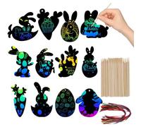 Pinmxaex Carte à Gratter Enfant 48Pcs - Carte de Pâques Scratch Art, Marque-Pages & Suspensions DIY avec Crayons en Bois et Rubans, Kit Créatif Œufs Lapins Carottes pour Décoration et Cadeaux