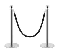 PINNERS Poteaux de séparation en acier inoxydable 2 pièces, hauteur 90 cm, argenté avec corde en velours noir de 1,5 m, connexion 4 voies, base de 31 cm de diamètre, contrôle de foules