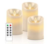 PinnWaa Bougies LED, [Lot de 3 ] Bougies avec Vacillement des Flammes Très Réaliste, Faite de Cire Vraie Paraffine, Room Decor, Bougies avec Télécommande et Minuterie de 24 Heures - Ivoire