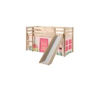 PINO Lit Compact avec Toboggan Pin Massif Nature + Rideau de lit Spring