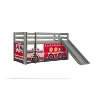 PINO Lit mezzanine avec toboggan pin massif + Rideau de lit Firemen