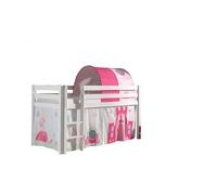 Vipack Pino Lit Sureleve En Pin Massif 90x200cm Avec Sommier Blanc + Rideau + Tunnel De Lit Princess
