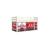 Vipack PINO Lit sureleve en pin massif avec sommier Blanc + Rideau en 4 parties Pompiers Rouge