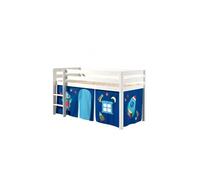 PINO Lit sureleve en pin massif avec sommier Blanc + Rideau de lit Astro