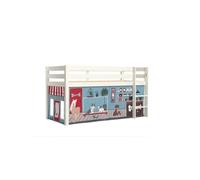 PINO Lit sureleve en pin massif avec sommier Blanc + Rideau en 4 parties Animalerie
