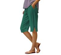 Pinocchietti Femme d'Été Coton et Lin au Genou Capri Bermuda Élégant Décontracté Large Pantalon 7/8 Tailles Élastique Shorts Femme Léger Confortable Taille Haute Shorts de Plage, vert, XL
