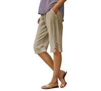 Pinocchietti Femme d'Été Coton et Lin au Genou Capri Bermuda Élégant Décontracté Large Pantalon 7/8 Tailles Élastique Shorts Femme Léger Confortable Taille Haute Shorts de Plage, kaki foncé, XXX-Large