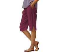 Pinocchietti Femme d'Été Coton et Lin au Genou Capri Bermuda Élégant Décontracté Large Pantalon 7/8 Tailles Élastique Shorts Femme Léger Confortable Taille Haute Shorts de Plage, Vin., M