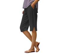 Pinocchietti Femme d'Été Coton et Lin au Genou Capri Bermuda Élégant Décontracté Large Pantalon 7/8 Tailles Élastique Shorts Femme Léger Confortable Taille Haute Shorts de Plage, Noir , 5X-Large
