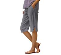 Pinocchietti Femme d'Été Coton et Lin au Genou Capri Bermuda Élégant Décontracté Large Pantalon 7/8 Tailles Élastique Shorts Femme Léger Confortable Taille Haute Shorts de Plage, gris, XXX-Large