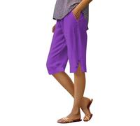 Pinocchietti Femme d'Été Coton et Lin au Genou Capri Bermuda Élégant Décontracté Large Pantalon 7/8 Tailles Élastique Shorts Femme Léger Confortable Taille Haute Shorts de Plage, aubergine, L