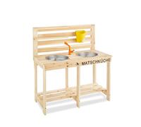 PINOLINO Malu Cuisine de Jeu pour Enfants en Sapin Massif avec 2 Bols en Acier Inoxydable, Robinet, raccord de Tuyau et réservoir d'eau Amovible, pour Enfants à partir de 3 Ans