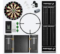 Pinpoint Premium Home Fléchettes - Cible de fléchettes en sisal brésilien réglementation, lumière LED à 360°, tapis de caisse avec fléchettes et accessoires officiels en laiton ocche, option support