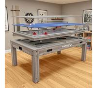 PINPOINT Table multi-jeux 4 en 1 - Billard, air hockey, tennis de table et jeux de table - Table d'intérieur pleine taille de 2,1 m avec accessoires inclus - Finition bois flotté gris pour salles de