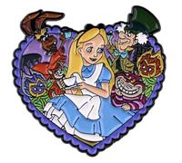 Pins Alice au Pays de Merveilles - Coeur - Alice, Chapelier Fou, Chat Cheshire Cat, Lievre, Fleurs - Pin Accessoire Vetement Sac - Broche Epinglette en Métal Emaillé 3 x 3.5 cm
