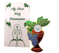 Pin's calice de première communion pour garçons ou filles avec carte de prière irlandaise, One inch, Métal, Sans pierre précieuse