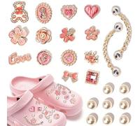 Pins Crocs Femme, 24 Pièces Pins pour Crocs Paillettes Bijoux de Chaussures Set Amovible DIY Accessoires crocs PVC Shoe Charms pour Filles Enfants et Adultes, Fleurs Cœurs Oursons Perles