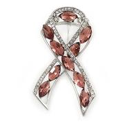 Pin's ruban de sensibilisation au cancer du sein en cristal transparent/prune, plaqué rhodium - 45 mm L, taille unique, Pierre précieuse, métal