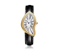 PINTIME Montre Irrégulière pour homme, boîtier plaqué or avec chiffres romains, bracelet en cuir noir, design artistique unique pour homme, doré