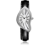 PINTIME Montre Irrégulière pour homme, boîtier plaqué or avec chiffres romains, bracelet en cuir noir, design artistique unique pour homme, noir, Contemporain