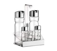 PINTINOX Prima Collection, Huilier 5 pièces (huile, vinaigre, sel, poivre, cure-dents), en acier inoxydable et récipients en verre avec système anti-goutte