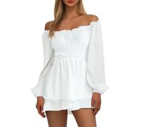 PINTUTU Costume de Pirate pour Femme - Blanc - Manches Longues - Col carré - Dos Nu - Mini Robe élégante et Sexy - Rockabilly plissée - Robe de fête - Robe de Plage pour Femme Deguisement Carnaval