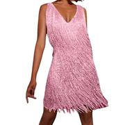 PINTUTU Femme Robe Couleur Unie sans Manche 1920S Robe à Frange Bretelles Chic Robe à Charleston Déguisement pour Soirée Danse Latine Robe sans Manches en Plumes à Sequins à Franges de Couleur