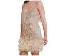 PINTUTU Femme Robe Couleur Unie sans Manche 1920S Robe à Frange Bretelles Chic Robe à Charleston Déguisement pour Soirée Danse Latine Robe sans Manches en Plumes à Sequins à Franges de Couleur