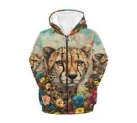 PinUp Angel Sweat à capuche zippé à manches longues pour enfants Motif peinture à l'huile, Guépard floral, 11-13 ans