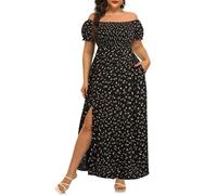 Pinup Fashion Robe bohème Grande Taille pour Femme - Imprimé Floral - Épaules dénudées - Robe Longue d'été, Motif Floral Noir, 54 Plus