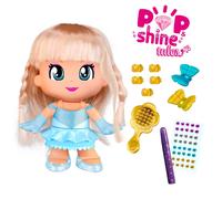 Pinypon Pop & Shine PNY79000 Figurine de 17 cm à coiffer en Cheveux véritables pour décorer et Transformer Votre Figurine en Princesse, avec Stylo à Paillettes, Cristaux et Peigne, +4 Ans