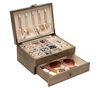 Pinzoveco Boîte à bijoux rustique en bois pour femme, pour ranger boucles d'oreilles, bagues, colliers, bracelets, boîtes à bijoux en bois de style rustique (gris)