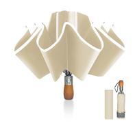 Pioggistar Parapluie inversé, Parapluie Pliant Automatique 10 Baleines pour Homme et Femme, Manche en Bois, Anti Vent, Anti Tempete, Diamètre 105 cm, Beige