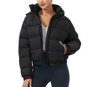 Pioneer Camp Veste d'hiver doudoune pour femme 3/4 Jack épaisseur moyenne veste courte recadrée déperlante en duvet avec capuches, Noir , XL