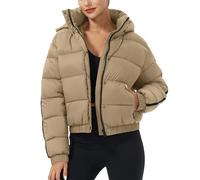 Pioneer Camp Veste d'hiver doudoune pour femme 3/4 Jack épaisseur moyenne veste courte recadrée déperlante en duvet avec capuches, Kaki clair, XL
