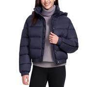 Pioneer Camp Veste d'hiver pour femme Puffer 3/4 Jack épaisseur moyenne Veste courte recadrée hydrofuge en duvet avec capuche, bleu foncé, L