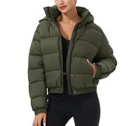 Pioneer Camp Veste d'hiver pour femme Puffer 3/4 Jack épaisseur moyenne Veste courte recadrée hydrofuge Doudoune avec capuches, vert olive, S