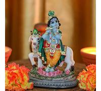 Piper Krishna et vache - Statue indienne de la culture Sri Krishna - Statue debout et jouant de la flûte et de la déesse - Idole / Statue/Murti/Figurine (8,9 cm) - Résine