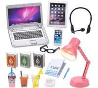 Pipihome 15 Pcs Miniature Dollhouse Accessories Ordinateur Portable Tablette Téléphone Lampe Livre Lunettes Café Casque Simulation Accessoires pour Maison de Poupée, Miniatures, Scène d'ordinateur (A)