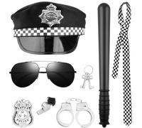 Pipihome Costume de Police Adulte, 8 Pièces D'accessoires de Déguisement de Police avec Chapeau de Police Adulte, Menottes, Insigne, Cravate, Clé, Bâton, Sifflet et Lunettes pour Hommes ou Femmes (A)
