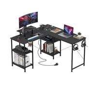 PIPIPOXER 210x50cm Bureau d'angle Gaming avec Prises et Ports USB, 3 Types d'installation, Bureau Gaming en Forme L avec Support d'Écran et Design Réversible, Bureau en Fibre de Carbone avec Porte