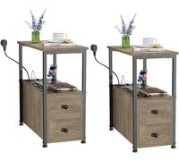 PIPIPOXER Lot de 2 Table d'Appoint avec Station de Charge (2 Prises CA, 2 Ports USB), Table de Chevet avec 2 Tiroirs et 1 Étagères, Table de Nuit Cadre en Acier Robuste, Bout de Canapé, Gris