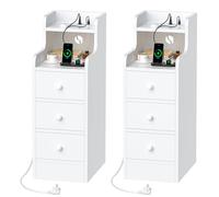 PIPIPOXER Lot de 2 Table de Chevet avec Prise et USB, Table de Chevet étroite,Blanc Brillant,Espace de Rangement avec 3 tiroirs,pour Chambre à Coucher, Salon