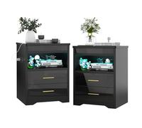 PIPIPOXER Lot de 2 tables de chevet avec prise et USB et verrouillables - Table de chevet LED avec 2 tiroirs - Éclairage LED pour salon - 45 x 40 x 67 cm - Noir
