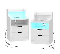 PIPIPOXER Lot de 2 Tables de Chevet Blanc avec Station de Charge, Table de Nuit avec Lumière LED, 2 Tiroirs, 2 Compartiments Ouverts, 2 Prises CA, 2 Ports USB, 45x35x72.5cm