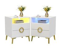 PIPIPOXER Lot de 2 tables de chevet blanches avec 2 tiroirs, table de chevet LED blanc et doré, 2 tiroirs, avec éclairage 16 couleurs, table d'appoint pour chambre à coucher, 45 x 40 x 57 cm