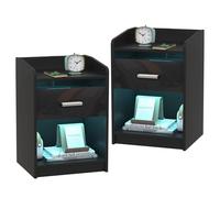 PIPIPOXER Lot de 2 Tables de Chevet LED avec 1 Tiroir, Tables de Nuit Blanc Haut Brillance, 16 Couleurs Lumières LED, 4 Modes de Luminosité pour Chambre à Coucher, 40x35x58cm, Noir