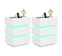 PIPIPOXER Lot de 2 tables de chevet LED avec prise et USB, table de chevet à 3 tiroirs, table d'appoint pour chambre à coucher, salon, 45 x 35 x 61 cm, blanc brillant